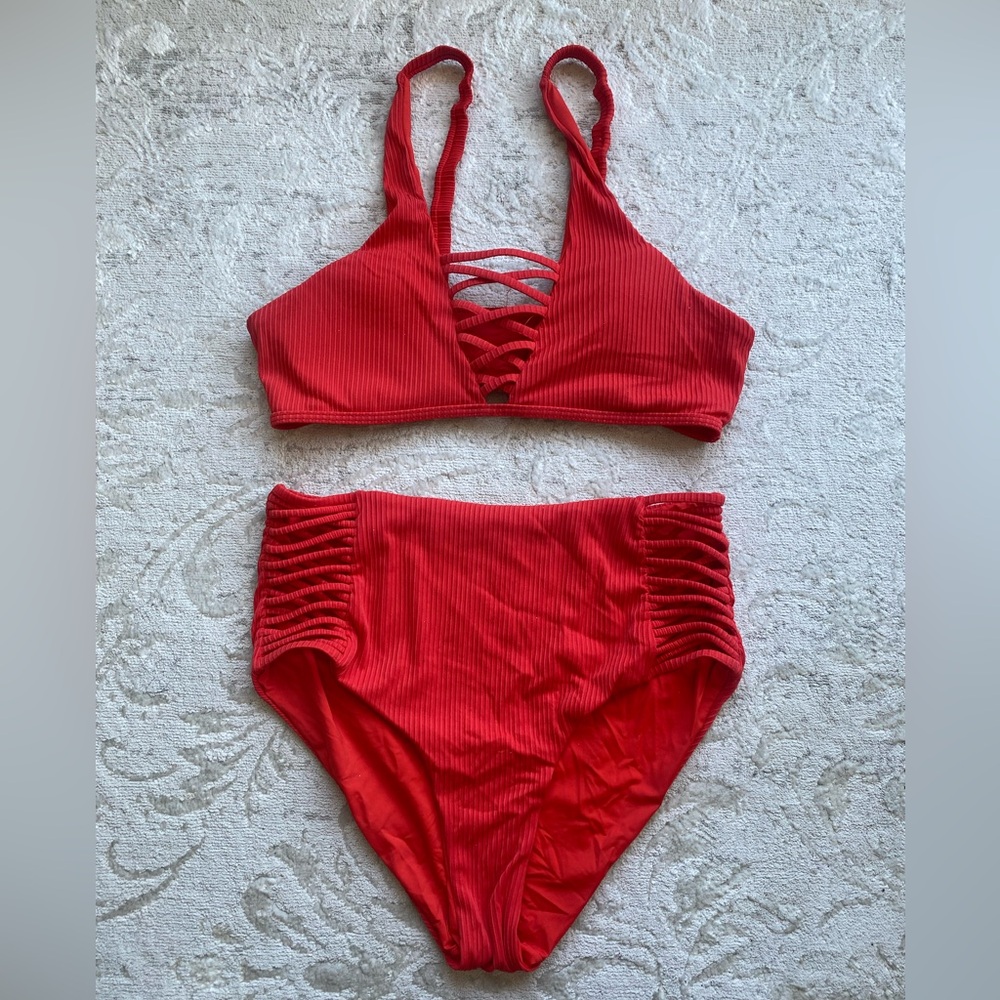 Red Ribbed Florida Boutique Bikini Set Size Medium